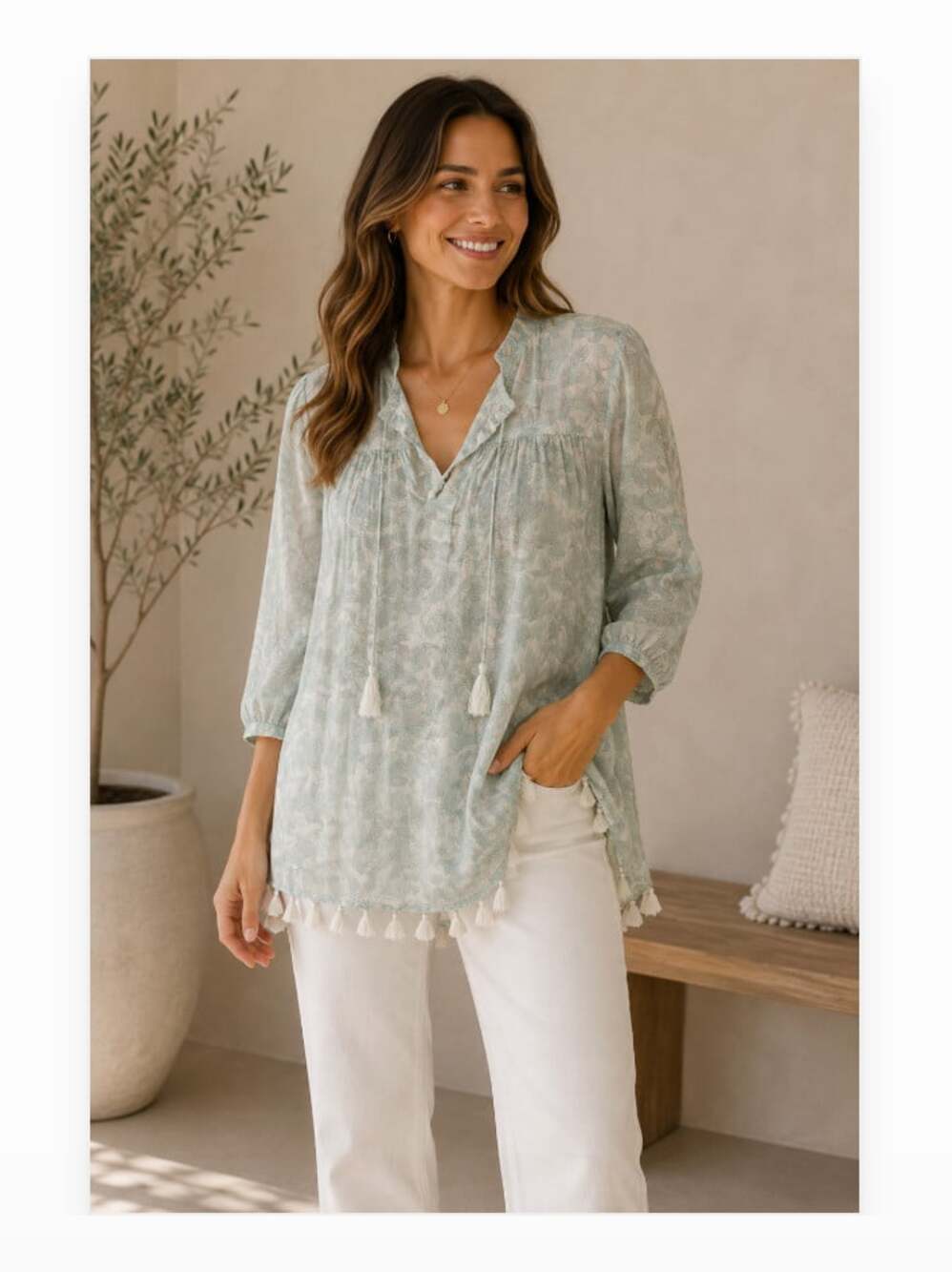 Roller Rabbit Tunic Blouse Womens M Green Floral Tassel 3/4 Sleeve Boho Top